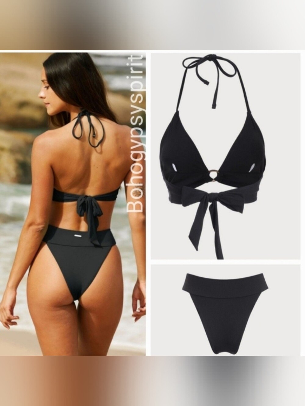 NWT Berlook Black Back TieTop & Black High Cut WaistBottom, L Bikini Set - Picture 5 of 16